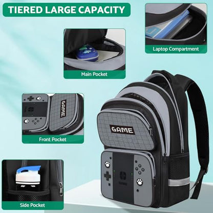 Kids Backpack For Boys，Gamer Boys Backpack For Children Teens Elementary Middle School, 17″ Students Bookbag - color: Backpack-sw-gray