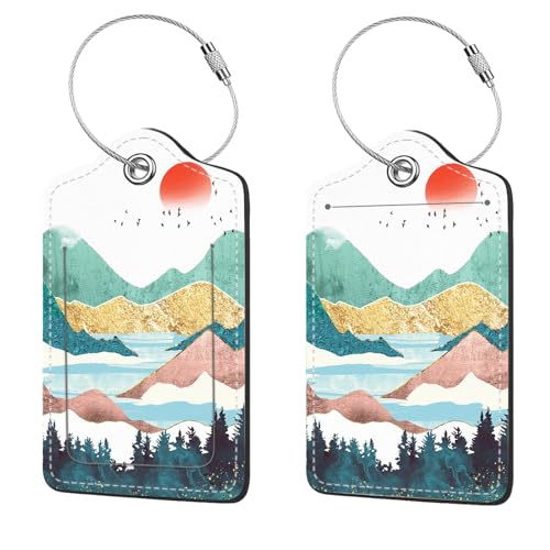 2 Pcs Luggage Tags for Suitcases, PU Leather Cruise Ship Luggage Tags with Privacy Cover Label Address Card and Durable Metal Ring Suitable for Men Women Handbags Backpacks Schoolbag,Golden Mountains - color: Golden Mountains