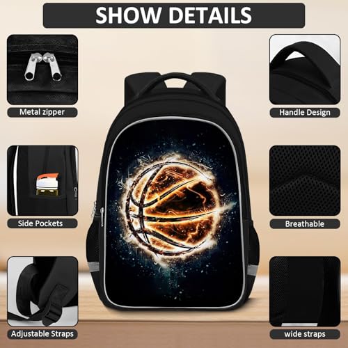 School Backpack for Boys - 4pcs Basketball Boys Backpack with Lunch Box and Pencil Case for Kids Children Teens Elementary Middle School - Students Bag for Ages 6-18,17″Bookbag Travel Back Pack - color: Basketball-05-backpack Set