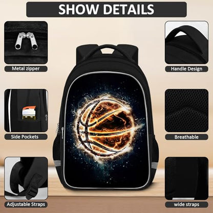School Backpack for Boys - 4pcs Basketball Boys Backpack with Lunch Box and Pencil Case for Kids Children Teens Elementary Middle School - Students Bag for Ages 6-18,17″Bookbag Travel Back Pack - color: Basketball-05-backpack Set