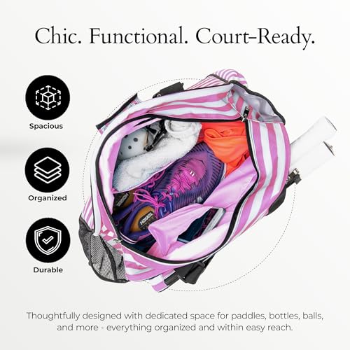 Pik’le’Ball Sport Premium Women's Pickleball Bag – Stylish and Versatile Sports Bag with Water Bottle Holder, Padded Paddle Pocket, and Spacious Design (fits 2+ Paddles!) - color: Stylish Stripe Pink