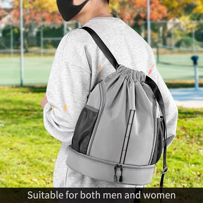 Sport Gym Bag Drawstring Backpack Beach Bag for Men Women with Shoe Compartment and Reflective Strips (Grey) - color: Grey