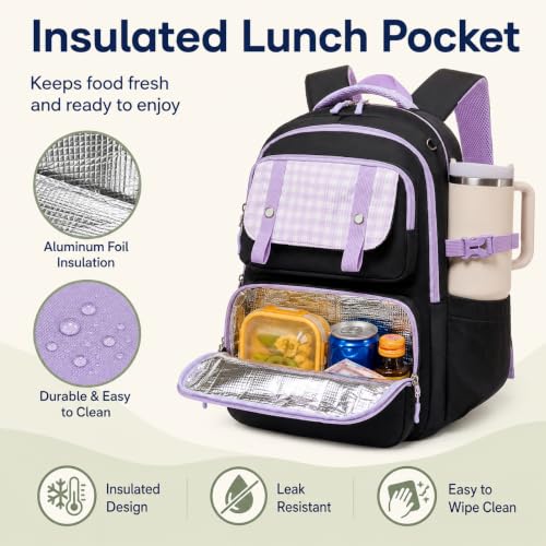 Bluboon School Backpack for Teen Girls Women Laptop Backpack College Bookbags Middle School Travel Work Commuter Back Pack - color: Black & Purple Gingham