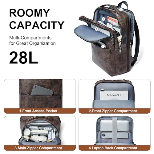 Shrrie Vegan Leather Laptop Backpack for Women&Men,16 Inch Expandable Backpack with USB Charging Port,Two-toned Coffee - color: Two-toned Coffee