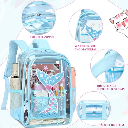 AO ALI VICTORY Clear Backpack for School,PVC Transparent Kids Bookbag for Girls Boys Cute Toddler Back Pack Kindergarten Elementary Schoolbag Stadium Approved See Through Backpacks, Blue Mermaid - color: Blue Mermaid