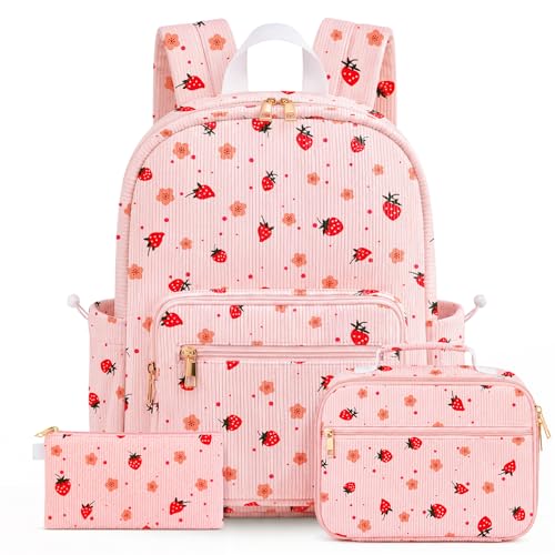 Corduroy Girls Backpack Set，Cute School Backpack for Teens Girls Kids Bookbags for Elementary High School Women Laptop Bags Daypacks Set With Lunch Bag and Pencil Case (Pink Strawberry, 3 Set) - color: Pink Strawberry, size: 3 Set