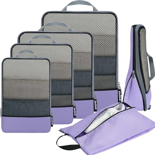 BAGAIL 4 Set/6 Set/8 Set Compression Packing Cubes Travel Accessories Expandable Packing Organizers (Half Mesh, 6-Lavender) - color: 6-Lavender, style: Half Mesh