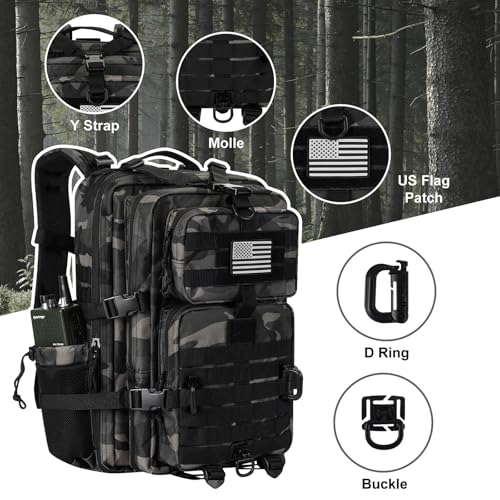 Hannibal Tactical 45L MOLLE Assault Pack, Tactical Backpack Military Army Camping Rucksack with Bottle Holder, 3-Day Pack Trip w/USA Flag Patch, D-Rings, Black Camo - color: Black Camo, size: 45L
