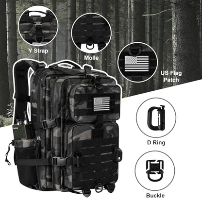 Hannibal Tactical 45L MOLLE Assault Pack, Tactical Backpack Military Army Camping Rucksack with Bottle Holder, 3-Day Pack Trip w/USA Flag Patch, D-Rings, Black Camo - color: Black Camo, size: 45L
