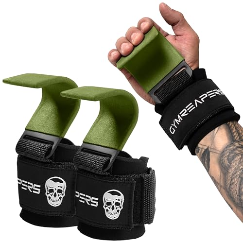 Gymreapers Weight Lifting Hooks (Pair), Heavy Duty Power Wrist Straps Hand Grip Support For Deadlifts, Pull Ups, Shrugs - Gym Gloves For Men and Women - color: OD Green