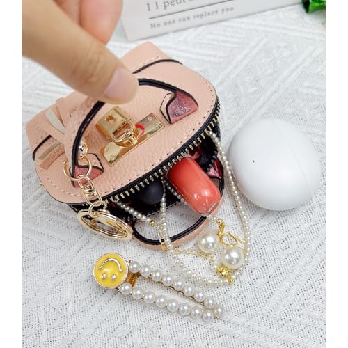 2 PCS Mini Coin Purse Keychain Mini Tote Bag Keychain PU Leather Little Cosmetic Bag for Women Key Lipstick Card Data Cable Organizer - color: Pink + White