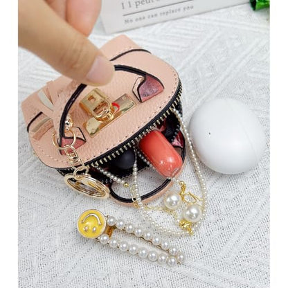 2 PCS Mini Coin Purse Keychain Mini Tote Bag Keychain PU Leather Little Cosmetic Bag for Women Key Lipstick Card Data Cable Organizer - color: Pink + White