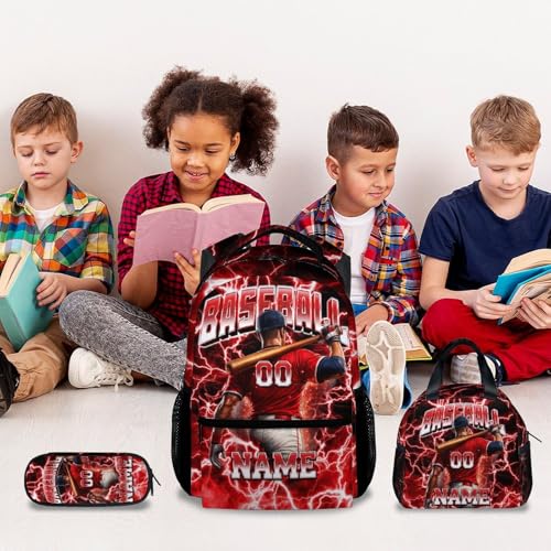 UNIKITTY Boys Baseball Backpack Set with Lunch Box & Pencil Case, Personalized School Backpack for Kids Teens; 17 Inch Large Capacity Baseball Bookbag, Water Resistant for Elementary & Middle School - color: Red