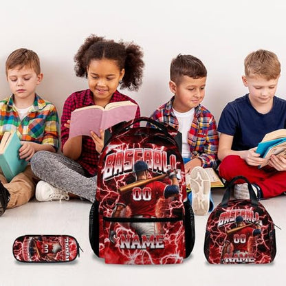 UNIKITTY Boys Baseball Backpack Set with Lunch Box & Pencil Case, Personalized School Backpack for Kids Teens; 17 Inch Large Capacity Baseball Bookbag, Water Resistant for Elementary & Middle School - color: Red