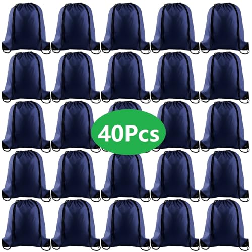 KUUQA 40Pcs Drawstring Backpack Bags Bulk Navy Blue Drawstring Bag Foldable Gym Bag Sport Cinch Sack String Backpack Storage Bags for Women Men Shopping Gym Travel Sports - color: Navy Blue