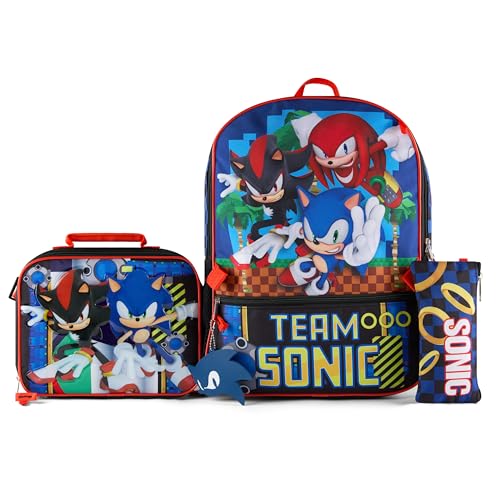 AI ACCESSORY INNOVATIONS Sonic the Hedgehog 5 PC Backpack Set for Girls & Boys, 16” Book Bag Featuring Sonic, Shadow, & Knuckles - color: Sonic, Shadow, & Knuckles