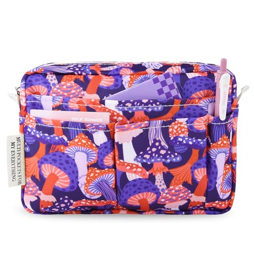 Portfolio Organizer with Multiple Pockets, Waterproof Travel Zippered Cosmetic Bag, Portable Storage Bag for Notebooks, Stationeries, Make-up, Journal Office Art Supplies.Purple Mushroom - color: Purple Mushroom