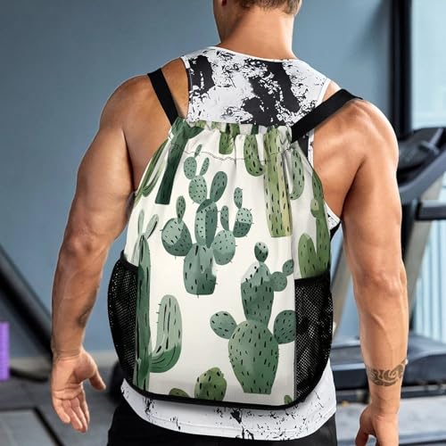 Drawstring Gym Backpack with Shoe Compartment And Wet Pocket, 28L Lightweight Waterproof Light Cactus Pattern Sports Backpack for Workout Swim Beach Travel String Bag for Men Women