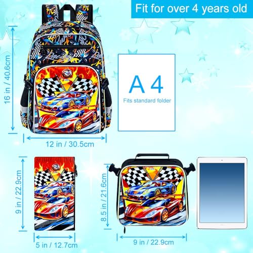 HPJGD 3PCS Bookbag for Boys, 16" Race Car Preschool Backpack Set with Clip-On Lunch Box, Kids Water-Resistant School Bag for Elementary - Thrill Racing - color: Uv Printing Race Car Clip-on Backpack