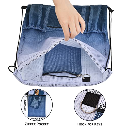 Mesh Drawstring Bag with Zipper Pocket, Beach Bag for Swimming Gear Backpack Gym Storage Bag for Adult Kids - color: Grey