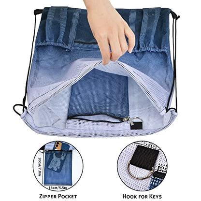 Mesh Drawstring Bag with Zipper Pocket, Beach Bag for Swimming Gear Backpack Gym Storage Bag for Adult Kids - color: Grey