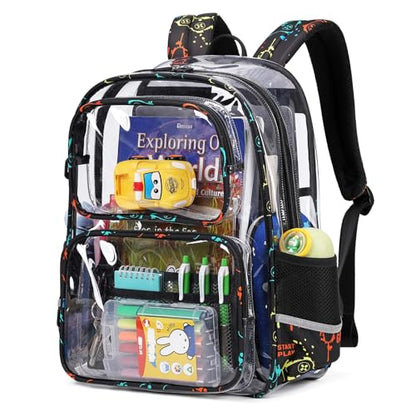 Sisipoet Clear Backpack for School, Heavy Duty PVC Transparent Bookbag, Funny Kids Backpacks with Game Print, Black - color: Black/Game