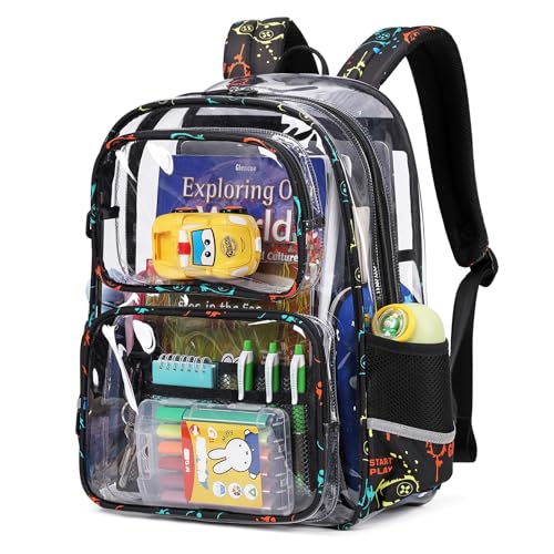 Sisipoet Clear Backpack for School, Heavy Duty PVC Transparent Bookbag, Funny Kids Backpacks with Game Print, Black - color: Black/Game