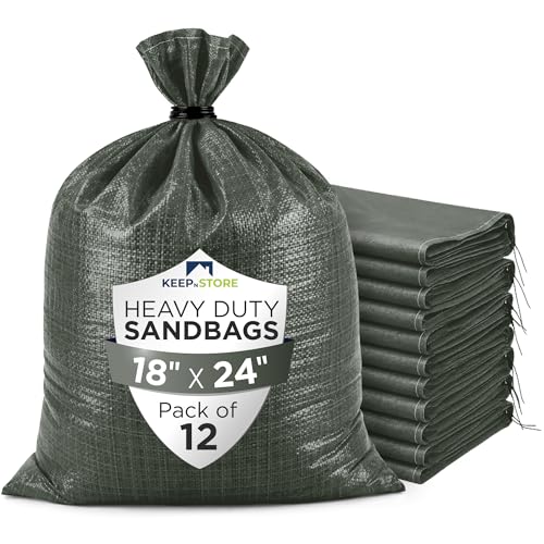 Heavy Duty Sand Bags Pack of 12, Army Green Empty Sandbags with Built-In Ties, Woven Polypropylene UV Protection 1600 Hours, Fillable Bags for Flood Control, Weight, 18x24 inches, 60 Pounds Volume - size: 18"W x 24"L, style: Pack of 12