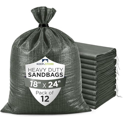 Heavy Duty Sand Bags Pack of 12, Army Green Empty Sandbags with Built-In Ties, Woven Polypropylene UV Protection 1600 Hours, Fillable Bags for Flood Control, Weight, 18x24 inches, 60 Pounds Volume - size: 18"W x 24"L, style: Pack of 12