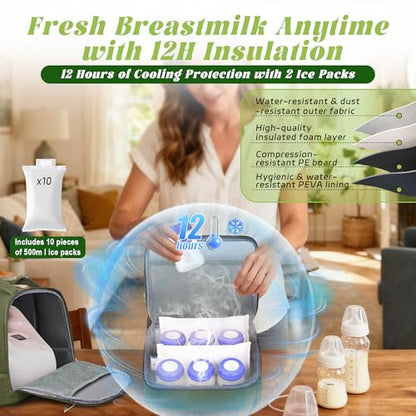 Breast Pump Bag with Insulated Cooler, Double-Layer Pumping Bag for Work & Travel, Fits Most Electric Breast Pumps, Includes 10 Ice Packs & Waterproof Mat, Detachable Bottle Cooler Tote, Green - color: Green