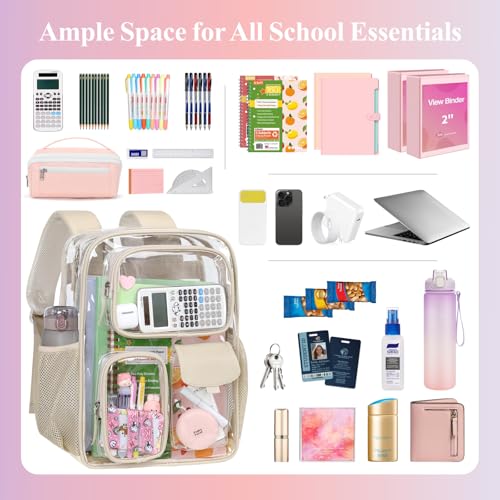 PACKISM Clear Backpack for School - 17 inch Large Heavy Duty Bookbag, Reinforced See Through PVC Transparent Backpack - color: Pu Straps Khaki 3 Pockets, style: Daypack Backpacks