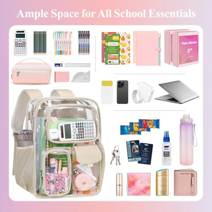 PACKISM Clear Backpack for School - 17 inch Large Heavy Duty Bookbag, Reinforced See Through PVC Transparent Backpack - color: Pu Straps Khaki 3 Pockets, style: Daypack Backpacks