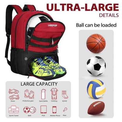LARIPOP Soccer Backpack with Ball Holder & Shoe Compartment Large Capacity Sports Bag for Training - color: Dark red