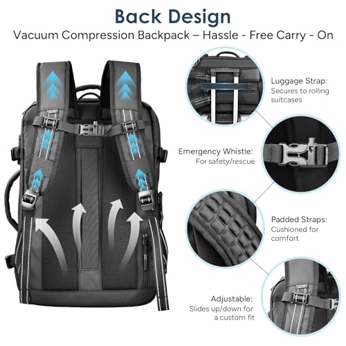 travel inspira Vacuum Compression Backpack 65L, Carry On Backpack with Electric Pump, TSA Lock, Water Resistant, Laptop Compartment for Travel, Camping, Business, Weekend Trips - color: Black Carry on