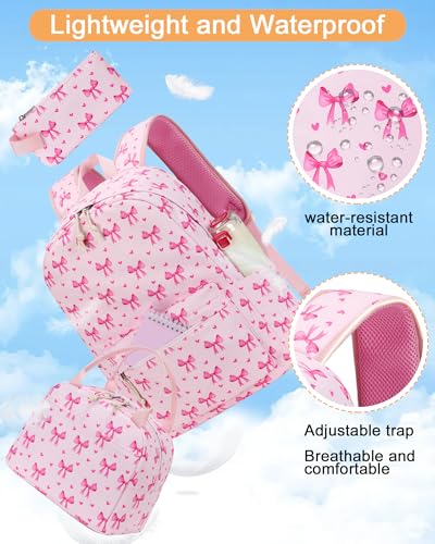LOIDOU Backpack for Teen Girls Bookbags School Backpack with Lunch Box and Pencil Case 3 in 1 School Bags Set - color: Bow Tie Pink