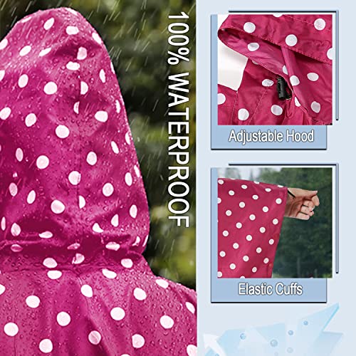 Fashion Hooded Rain Poncho Waterproof Raincoat Jacket with pocket for Women/Men/Adult - color: Rose Red White Point