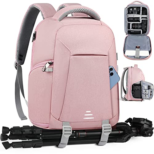RAINSMORE Camera Backpack for DSLR SLR Mirrorless Cameras - Professional 15.6 Inch Laptop Compartment Waterproof Photography Bag with Tripod Holder & Rain Cover for Travel & Hiking, Pink - color: Pink, size: 15.6 inch