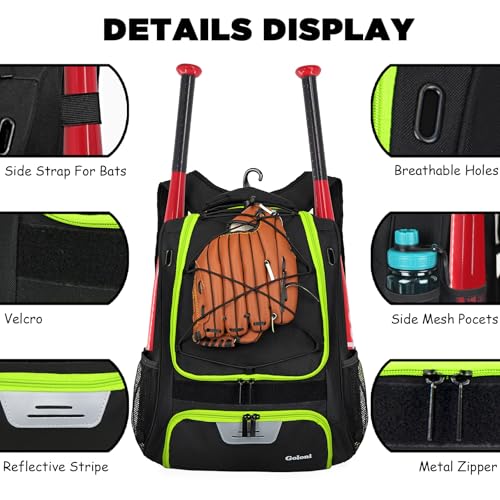Goloni | Baseball Backpack,Baseball Bag for Adult,Softball Bat Bag with Shoes Compartment,Large Main Compartment for Helmet & accessories, Fence Hook - color: Lemon green