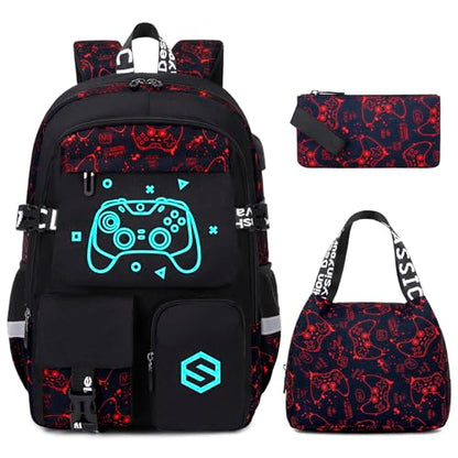Scothen Boys Backpack, Cool Luminous School Backpacks for Boys with Lunch Bag Pencil Case, Kids Backpack Kindergarten Elementary Middle School Book Bags for Teen Boy Children with USB Charging Port - color: Red Pattern