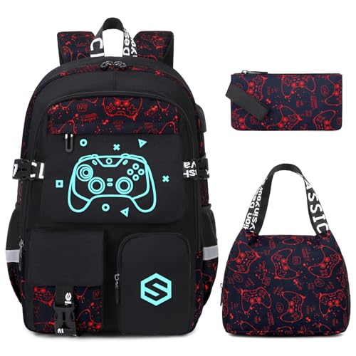 Scothen Boys Backpack, Cool Luminous School Backpacks for Boys with Lunch Bag Pencil Case, Kids Backpack Kindergarten Elementary Middle School Book Bags for Teen Boy Children with USB Charging Port - color: Red Pattern