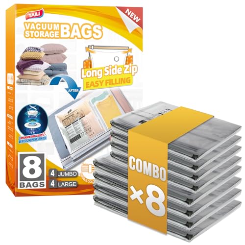 TAILI 8 Pack Vacuum Storage Bags, LONG SIDE ZIP (4 Large+4 Jumbo), Multi-Size Vacuum Seal Bags for Clothing, Storage Bulky Beddings, Blankets and Clothes, Space Saver for Closet Organization - size: 8 Combo