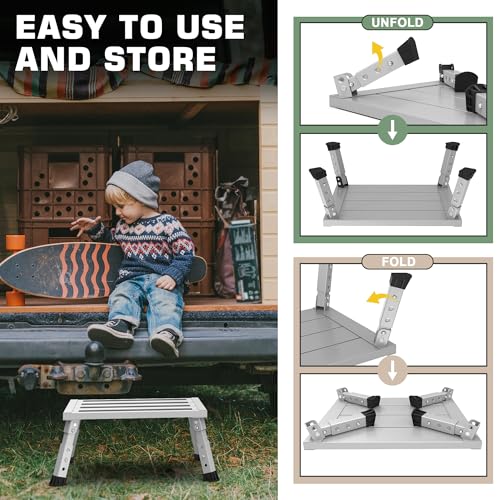 Adjustable Height Aluminum RV Step, Stable Foldable Platform Step Stool, Supports Up to 1,000 lb, Non-Slip Rubber Feet and Platform Mat, Easy to Carry (Silver) - color: Silver