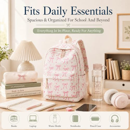 Bluboon School Backpack for Teen Girls Women Laptop Backpack College Bookbags Middle School Travel Work Commuter Back Pack - color: Beige Base Pink Bow & Heart