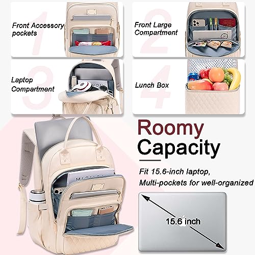 Weitars Lunch Backpack for Women,15.6 Inch Laptop Backpacks Travel Backpack for Women,Work Back pack,Teacher Nurse Back pack Insulated Lunch Bookbag Cooler Backpacks - color: Beige