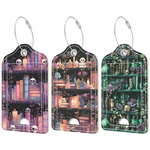 Rimilak 3 Pcs PU Leather Luggage Tags for Suitcase, Travel Cruise Luggage Tag with Privacy Flap, Name ID Label and Metal Loop for Women Men Baggage Handbag School Bag Backpack, Skull Book - color: Skull Book
