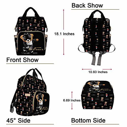 Custom Bear Diaper Bag Backpack for Baby Boy, Personalized Name Cute Cartoon Large Nappy Nursing Orangizer Mommy Bags, Waterproof Travel Daypack for Dad Mom Gifts - color: Bear-black-03