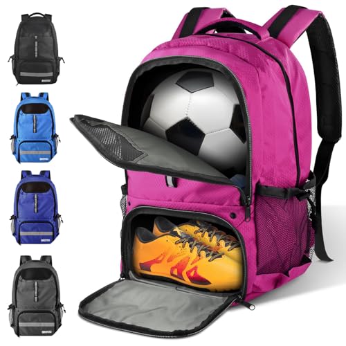 BROTOU Soccer Backpack Sports Bag with Ball Holder and Shoe Compartment for Football Basketball Volleyball Rugby - color: Pink