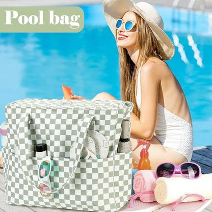 LEDAOU Beach Bag Waterproof Sandproof Women Beach Tote Pool Bag with Zipper for Swim Gym Grocery Travel with Wet Pocket | Sandproof - color: Grid-grass Green2