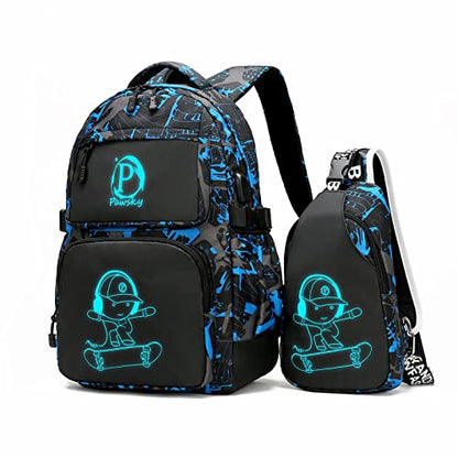School Backpack for Boys, Elementary School Bag College Bookbag Lightweight Laptop Bag with Sling Bag Set, Kids Skateboard Backpack Casual Daypack, Blue - style: Skateboard-blue3