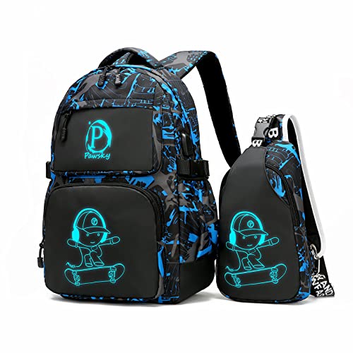 School Backpack for Boys, Elementary School Bag College Bookbag Lightweight Laptop Bag with Sling Bag Set, Kids Skateboard Backpack Casual Daypack, Blue - style: Skateboard-blue3